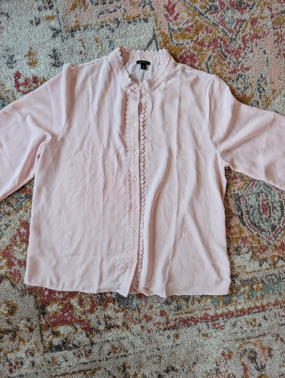 Ann Taylor Pale Pink Lace-Trim Button Down Blouse